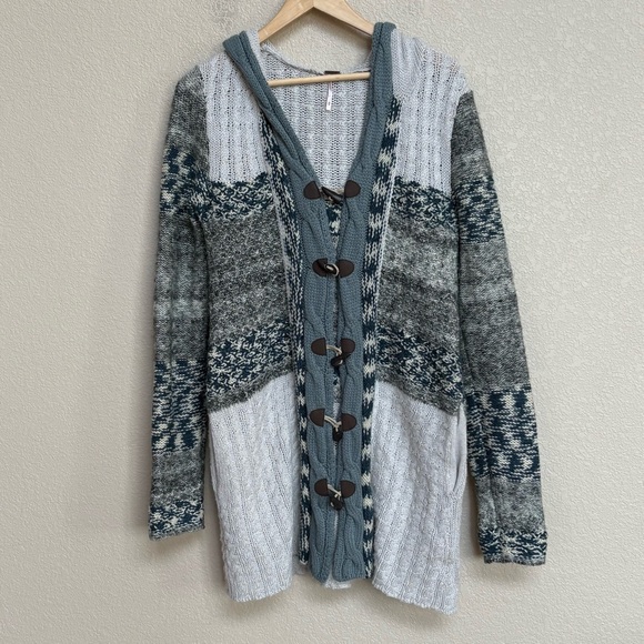 Free People Sweaters - Free People We The Free Gray Blue Fair Isle Hooded Cardigan Sweater Coat Medium